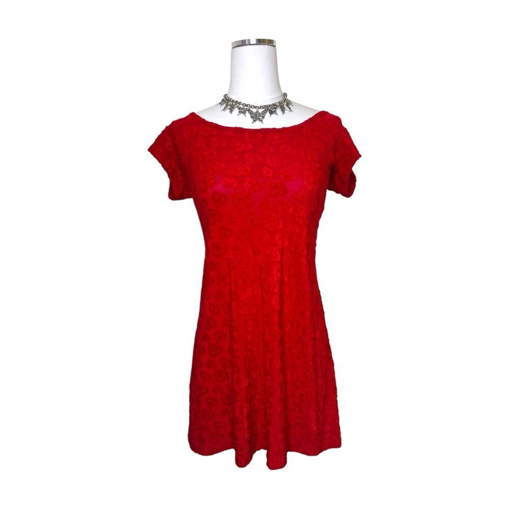 90s All That Jazz Red Burnout Heart Pattern Short Sleeve Mini Dress Size Medium